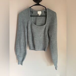 HM Womens Grey Ribbed Knit Cropped Sweater Scoop Neck Balloon Sleeve XS‎